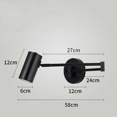 Modern LED Wall Light with Adjustable Swing Arm and Touch Switch, Iron Bedside Lamp, Black or Gold