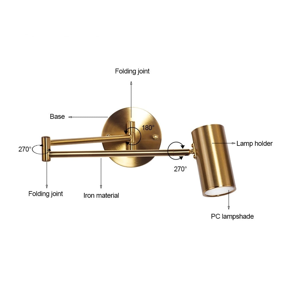 Modern LED Wall Light with Adjustable Swing Arm and Touch Switch, Iron Bedside Lamp, Black or Gold