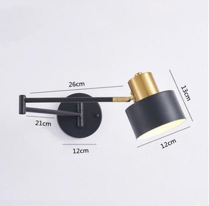 Modern LED Wall Light with Adjustable Swing Arm and Touch Switch, Iron Bedside Lamp, Black or Gold