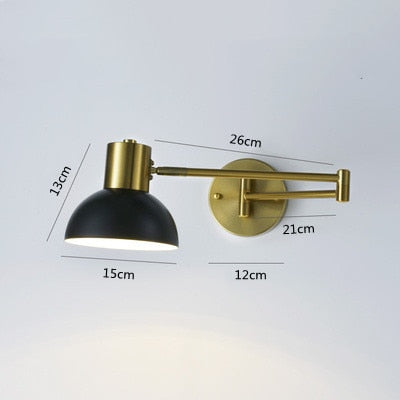 Modern LED Wall Light with Adjustable Swing Arm and Touch Switch, Iron Bedside Lamp, Black or Gold