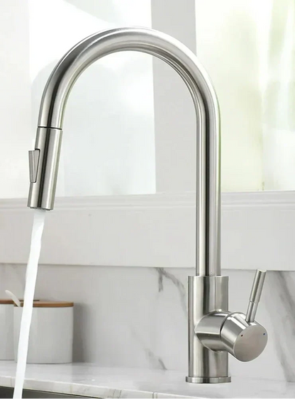 Silver Pull Out Kitchen Mixer Tap with Single Lever, Ceramic Valve and Flexible Spray Head