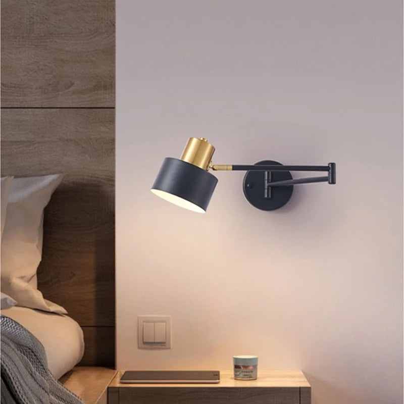 Modern LED Wall Light with Adjustable Swing Arm and Touch Switch, Iron Bedside Lamp, Black or Gold