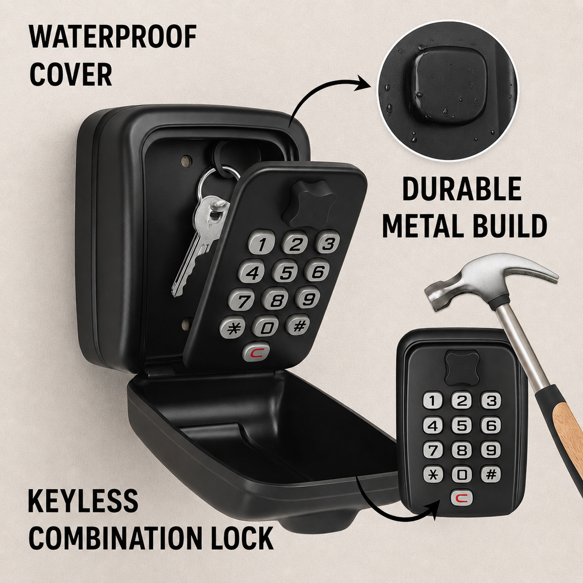 Weatherproof Metal Key Safe with Adjustable Combination Lock, Wall-Mounted Design
