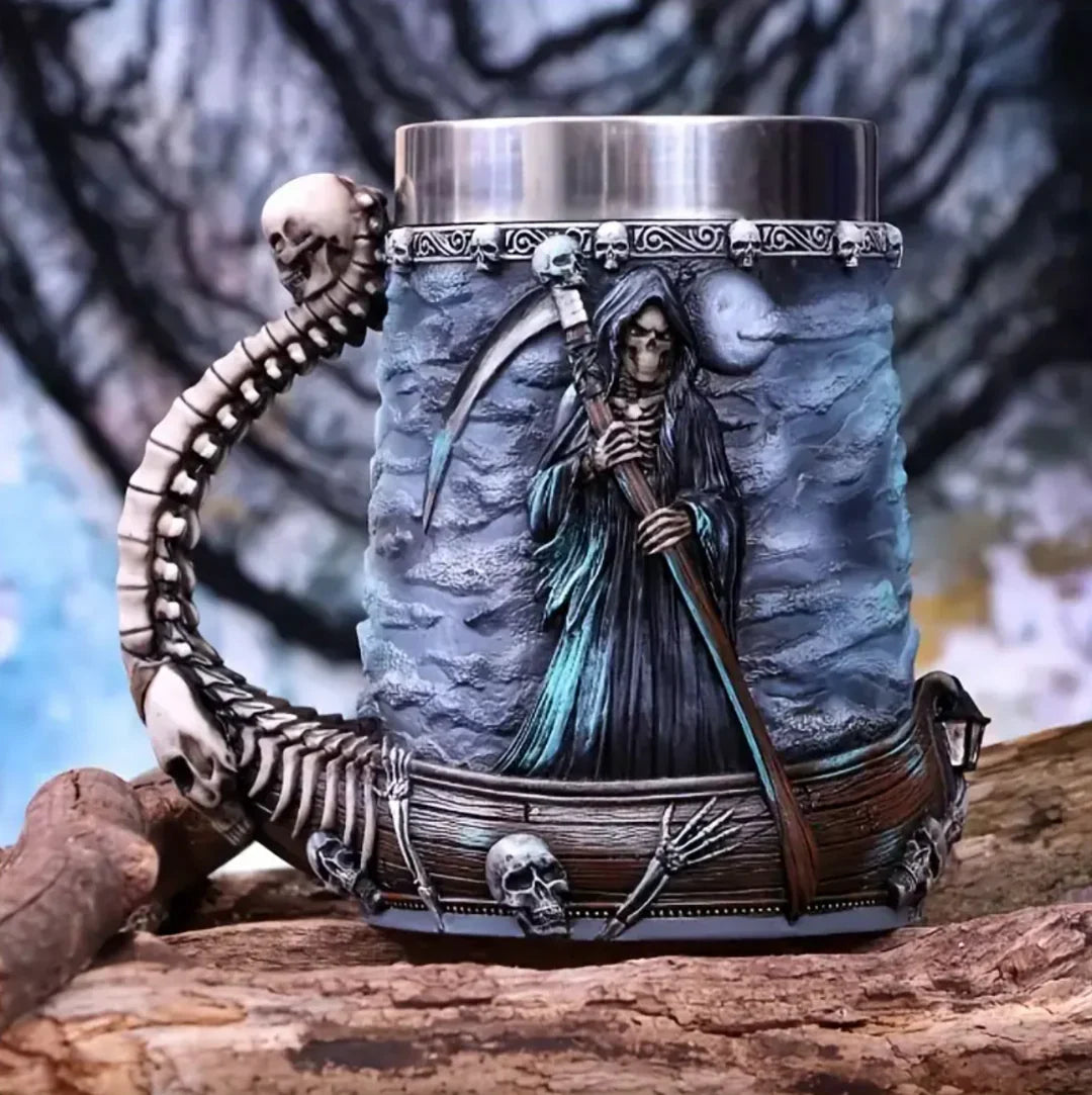 Grim Reaper Skull Mug, Gothic Resin Mug with Spine Handle and Stainless Steel Lining, 600 ml