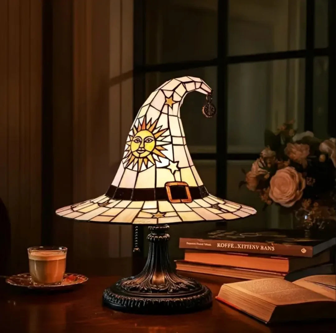 Witch Hat Stained Glass Lamp with Star and Sun Pattern, Tiffany Style Fantasy Accent Lamp in 2 Sizes