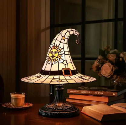 Witch Hat Stained Glass Lamp with Star and Sun Pattern, Tiffany Style Fantasy Accent Lamp in 2 Sizes
