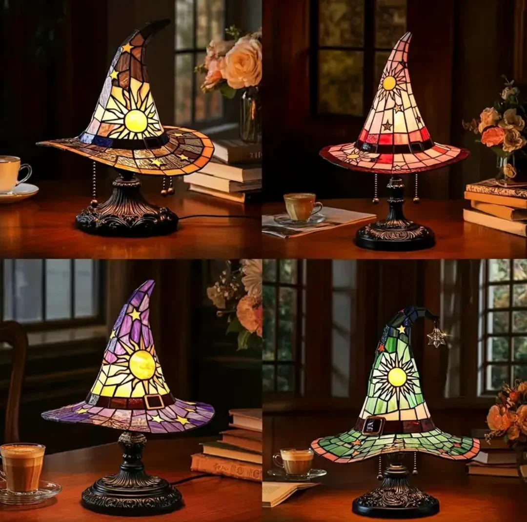 Witch Hat Stained Glass Lamp with Star and Sun Pattern, Tiffany Style Fantasy Accent Lamp in 2 Sizes