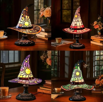 Witch Hat Stained Glass Lamp with Star and Sun Pattern, Tiffany Style Fantasy Accent Lamp in 2 Sizes