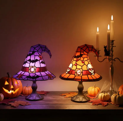 Witch Hat Stained Glass Lamp with Cobweb Pattern, Gothic Halloween Accent Lamp, Bat or Skull Design