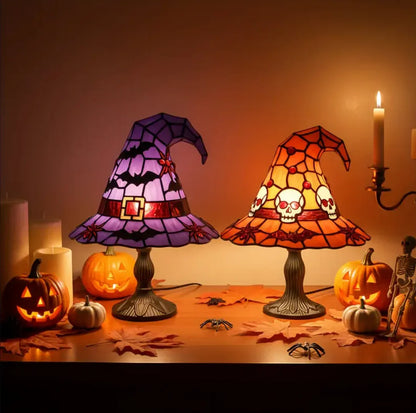Witch Hat Stained Glass Lamp with Cobweb Pattern, Gothic Halloween Accent Lamp, Bat or Skull Design