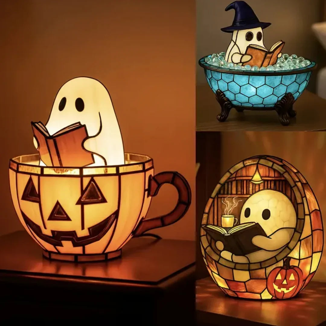 Ghost Night Light with Glowing Pumpkin, Cute Halloween LED Resin Lamp, USB Powered, 3 Designs
