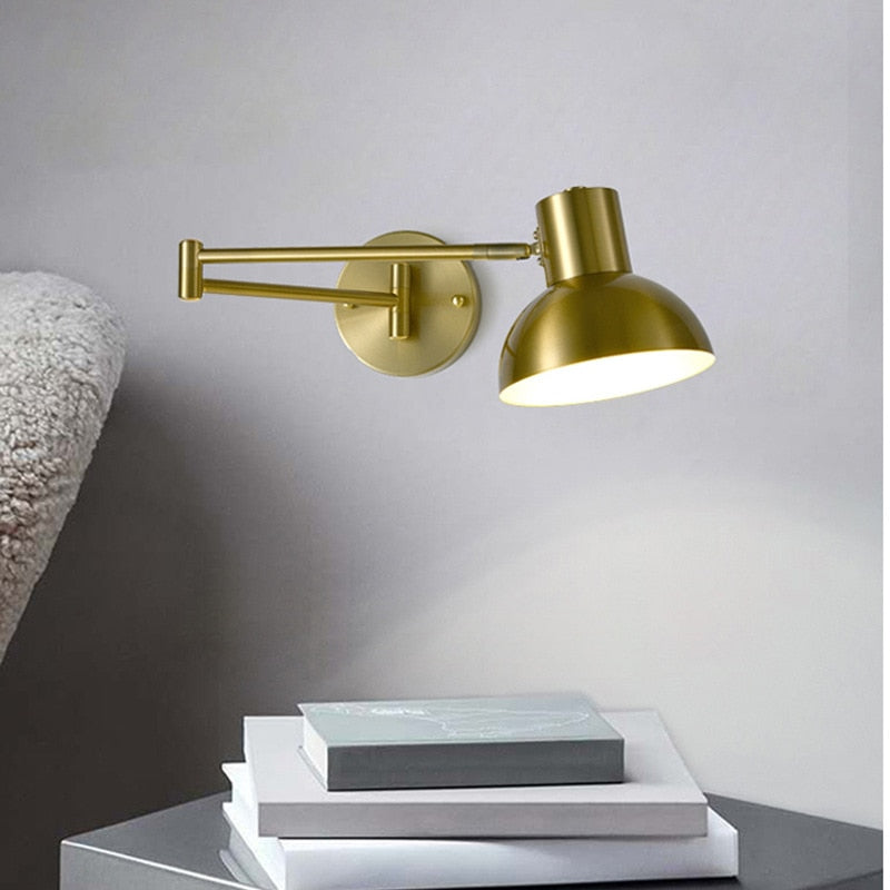 Modern LED Wall Light with Adjustable Swing Arm and Touch Switch, Iron Bedside Lamp, Black or Gold