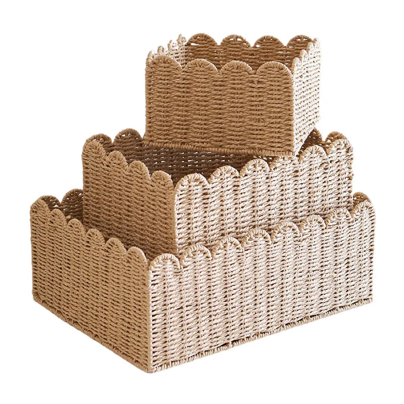 Natural Scalloped Wicker Storage Basket in Small, Medium and Large, Lightweight Woven Home Organiser