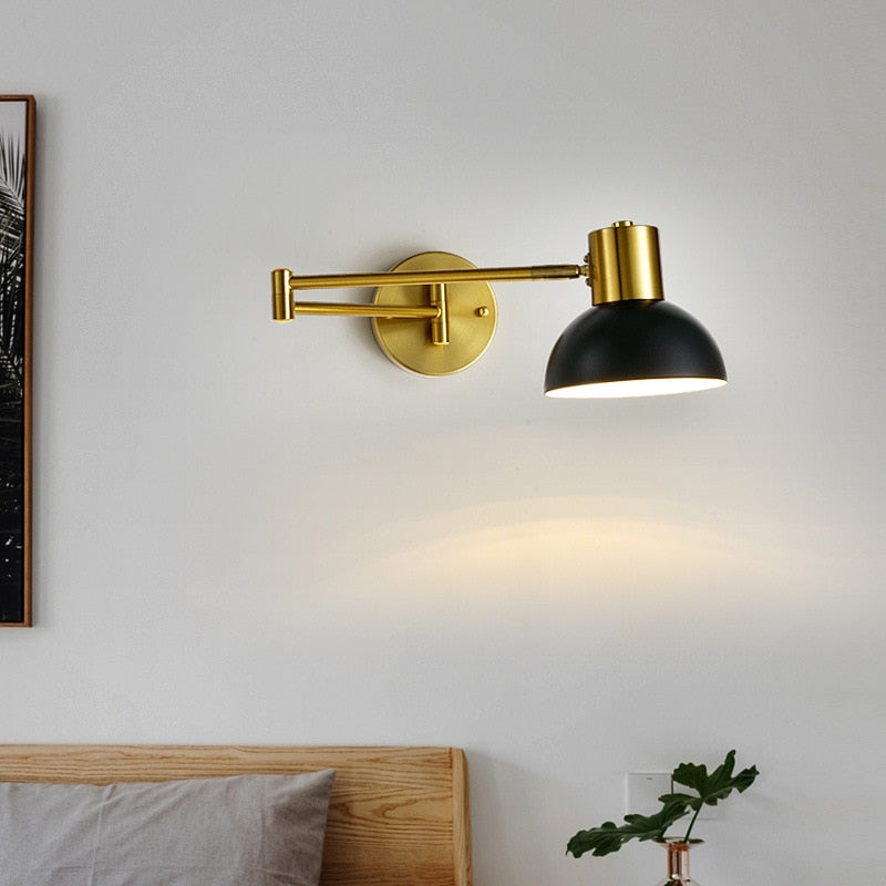 Modern LED Wall Light with Adjustable Swing Arm and Touch Switch, Iron Bedside Lamp, Black or Gold