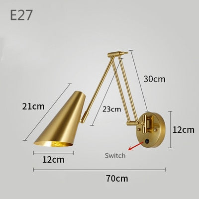 Modern LED Wall Light with Adjustable Swing Arm and Touch Switch, Iron Bedside Lamp, Black or Gold