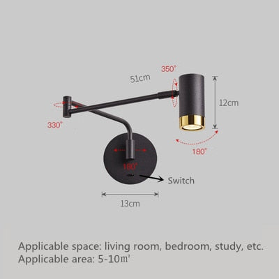 Modern LED Wall Light with Adjustable Swing Arm and Touch Switch, Iron Bedside Lamp, Black or Gold