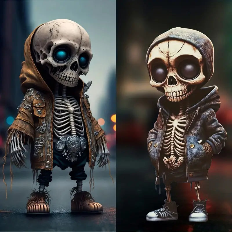 Chibi Skeleton Figurine in Hoodie, Hand Painted Resin Gothic Desk Collectible in 3 Styles, 14 cm