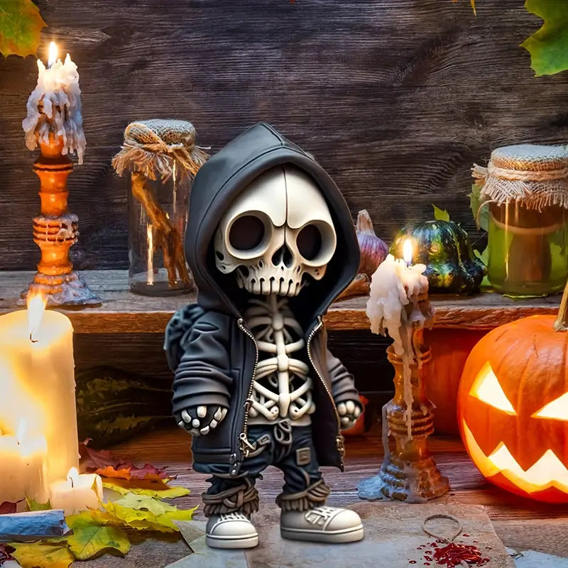 Chibi Skeleton Figurine in Hoodie, Hand Painted Resin Gothic Desk Collectible in 3 Styles, 14 cm