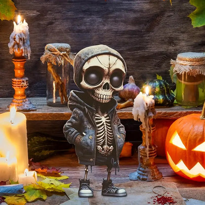 Chibi Skeleton Figurine in Hoodie, Hand Painted Resin Gothic Desk Collectible in 3 Styles, 14 cm