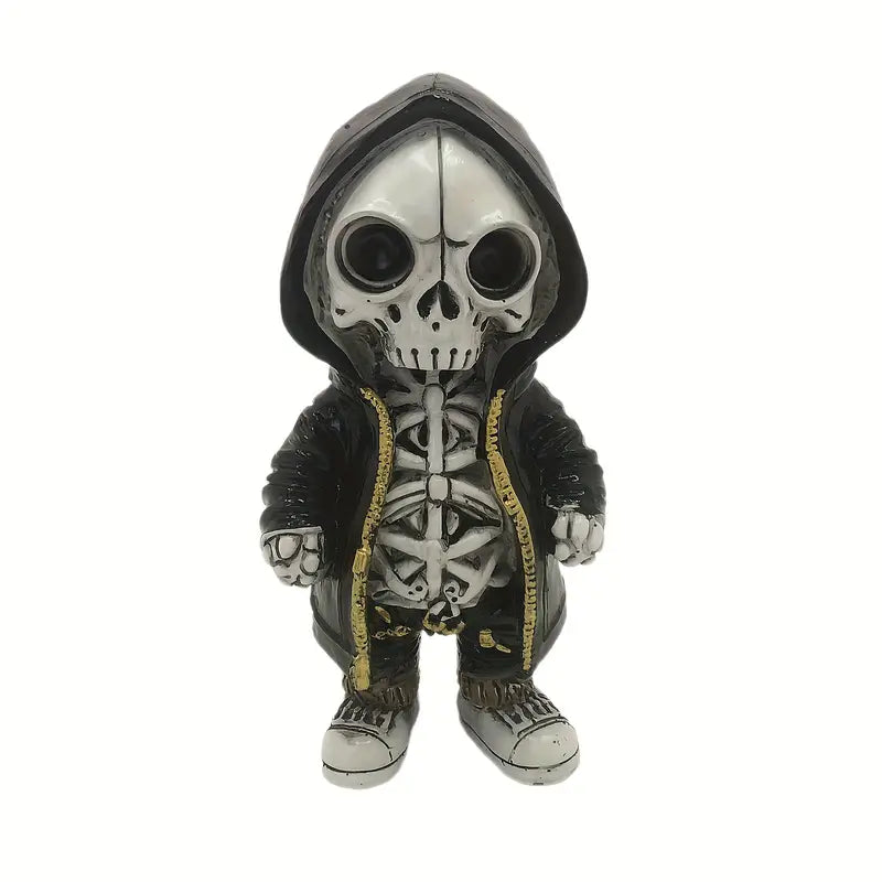Chibi Skeleton Figurine in Hoodie, Hand Painted Resin Gothic Desk Collectible in 3 Styles, 14 cm