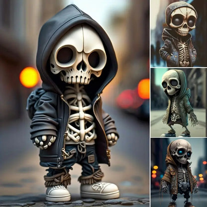 Chibi Skeleton Figurine in Hoodie, Hand Painted Resin Gothic Desk Collectible in 3 Styles, 14 cm