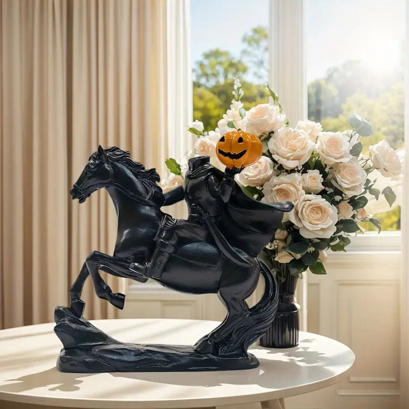Headless Horseman Figurine, Hand Painted Resin Sleepy Hollow Halloween Statue with Removable Pumpkin