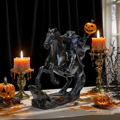 Headless Horseman Figurine, Hand Painted Resin Sleepy Hollow Halloween Statue with Removable Pumpkin