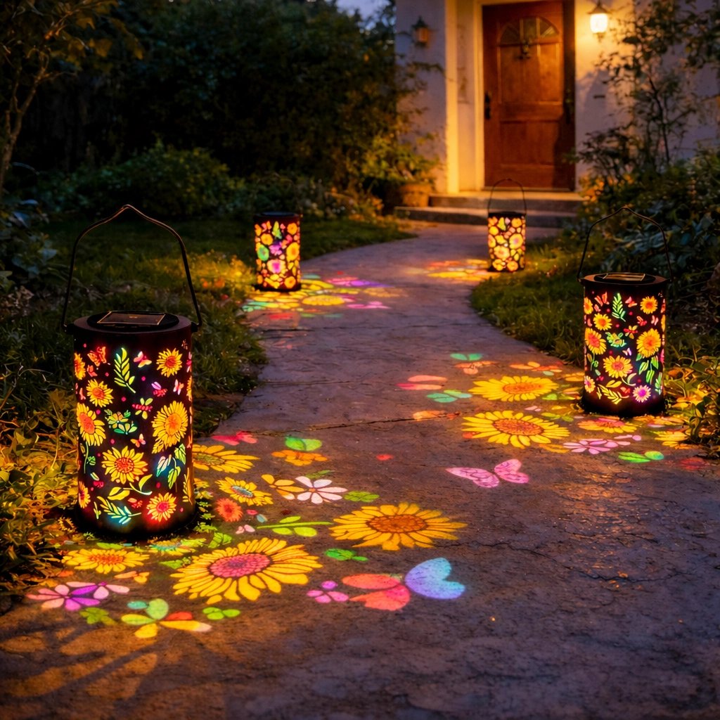 Solar Garden Lantern with Flower Pattern Light Projection and Two Light Color Modes