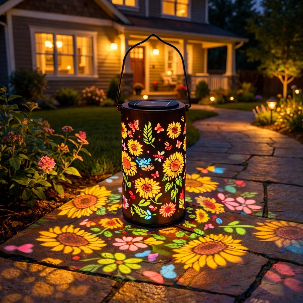 Solar Garden Lantern with Flower Pattern Light Projection and Two Light Color Modes