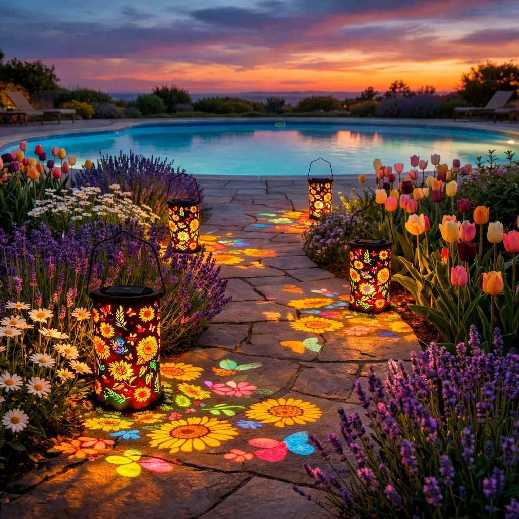 Solar Garden Lantern with Flower Pattern Light Projection and Two Light Color Modes