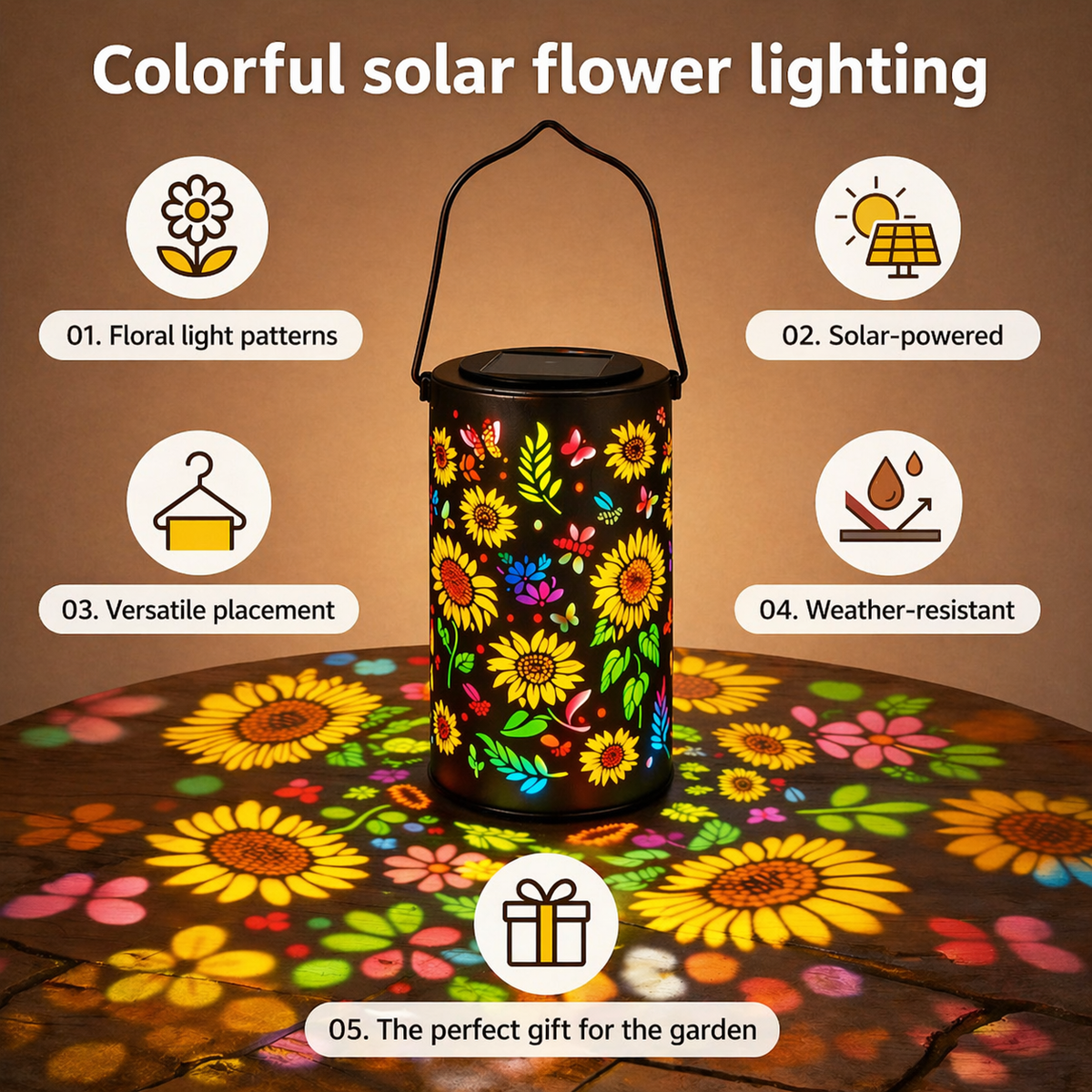 Solar Garden Lantern with Flower Pattern Light Projection and Two Light Color Modes