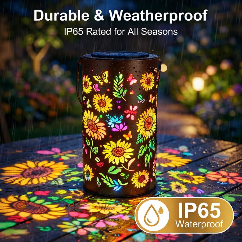 Metal Solar Garden Lantern with Flower Light Projection and Automatic Dusk Sensor