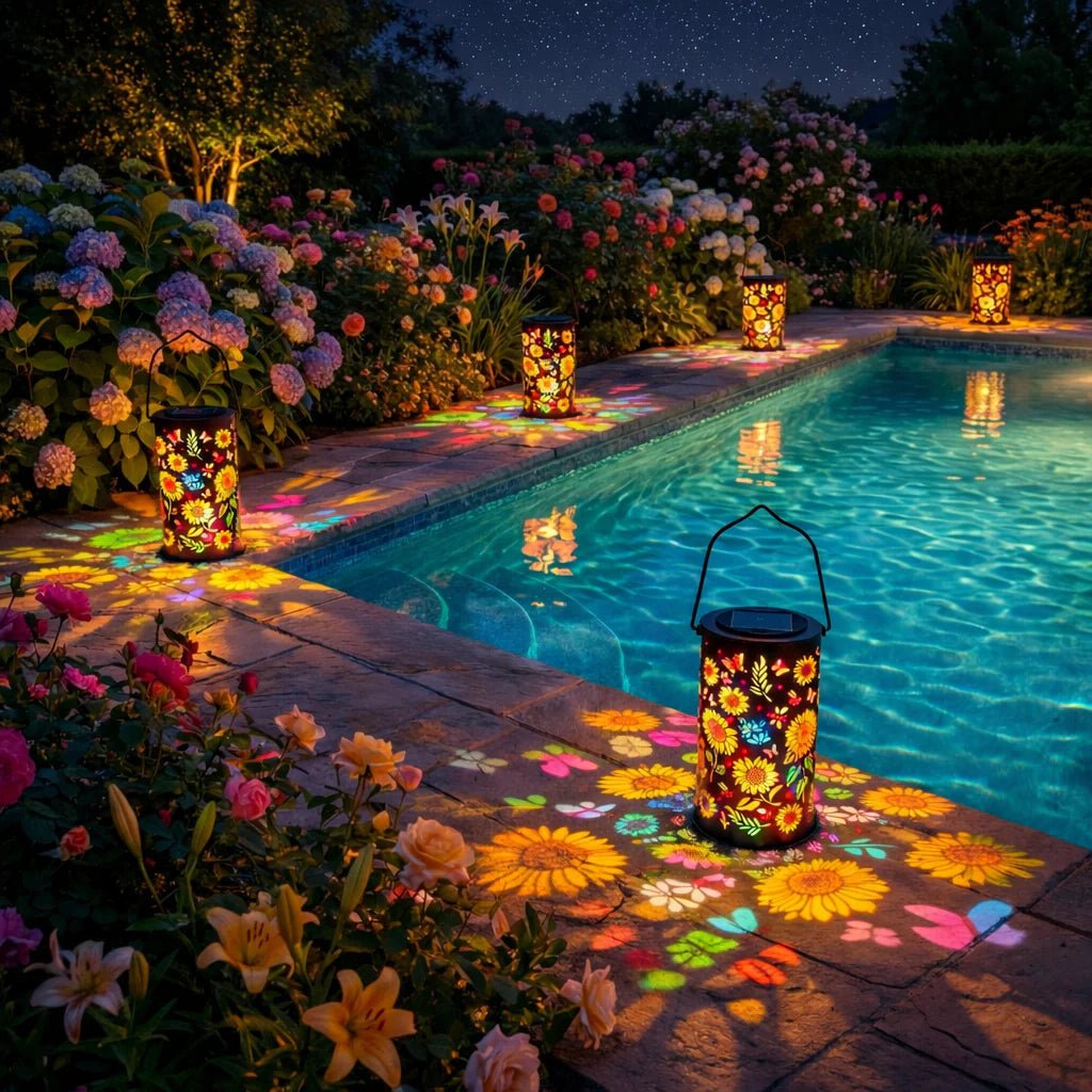 Metal Solar Garden Lantern with Flower Light Projection and Automatic Dusk Sensor