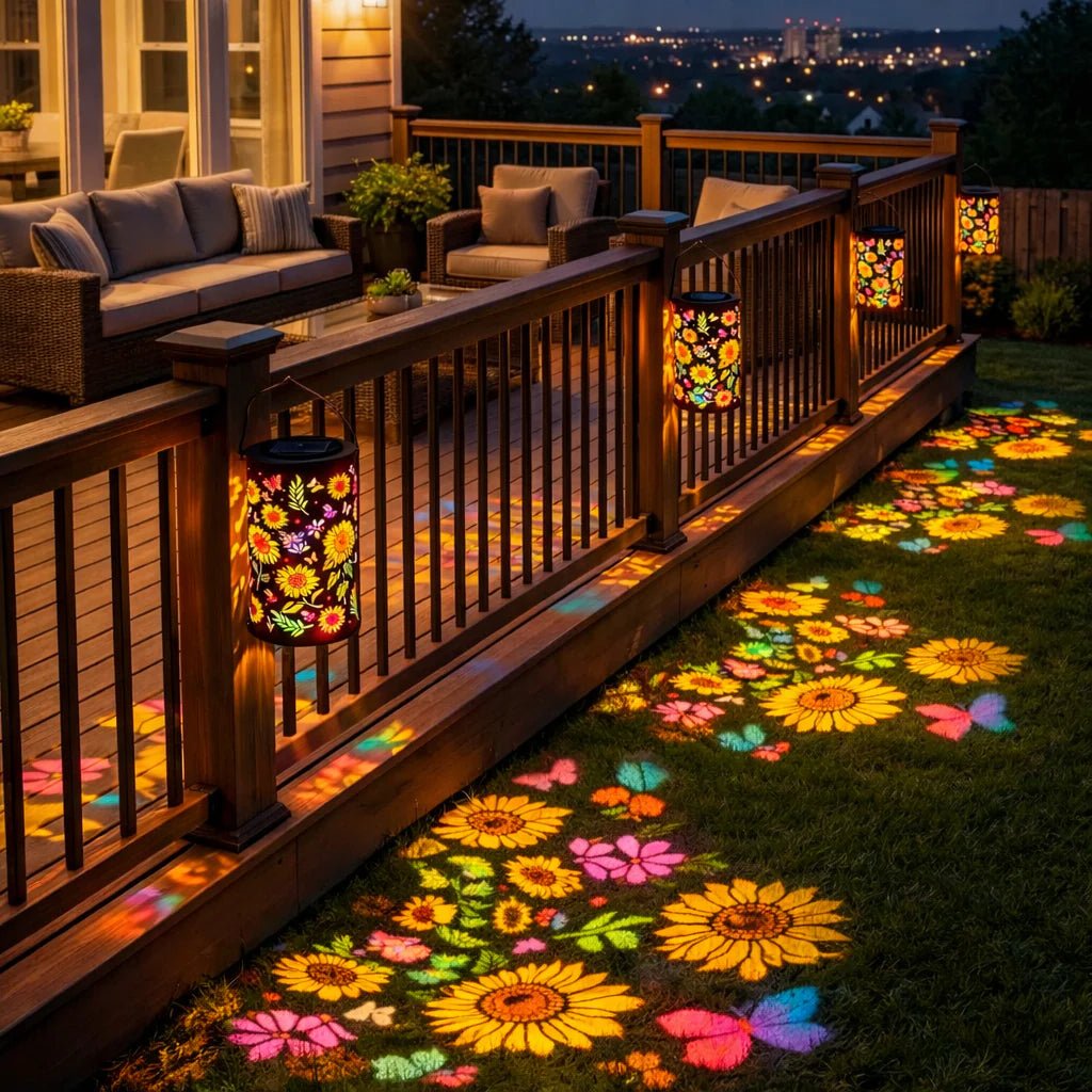 Metal Solar Garden Lantern with Flower Light Projection and Automatic Dusk Sensor