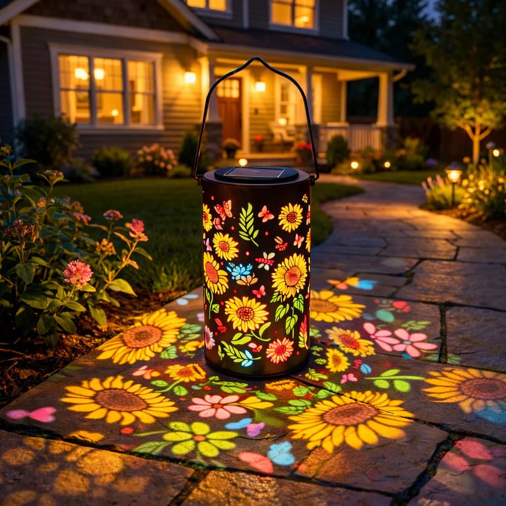 Metal Solar Garden Lantern with Flower Light Projection and Automatic Dusk Sensor