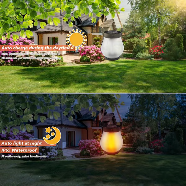 Solar Garden Lantern with Realistic Flame Effect and USB-C Backup Charging Option