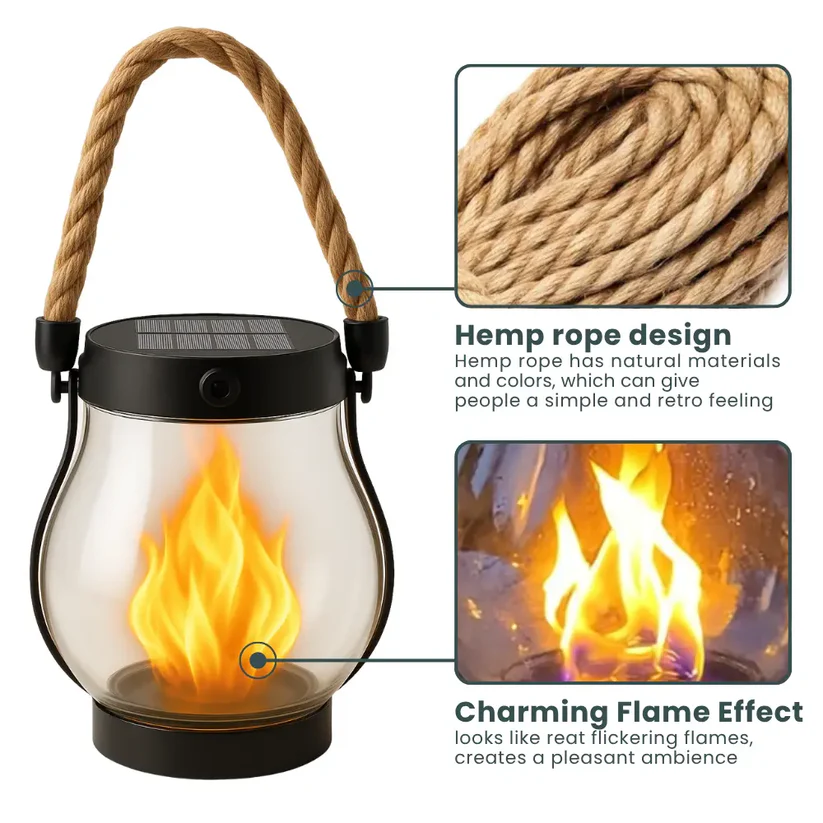 Solar Garden Lantern with Realistic Flame Effect and USB-C Backup Charging Option