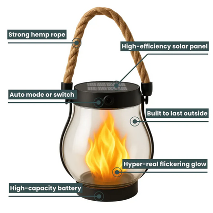 Solar Garden Lantern with Realistic Flame Effect and USB-C Backup Charging Option