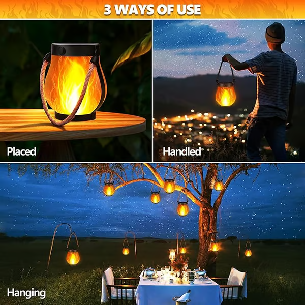Solar Garden Lantern with Realistic Flame Effect and USB-C Backup Charging Option