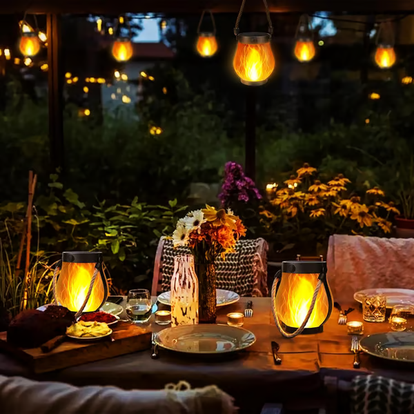 Solar Garden Lantern with Realistic Flame Effect and USB-C Backup Charging Option