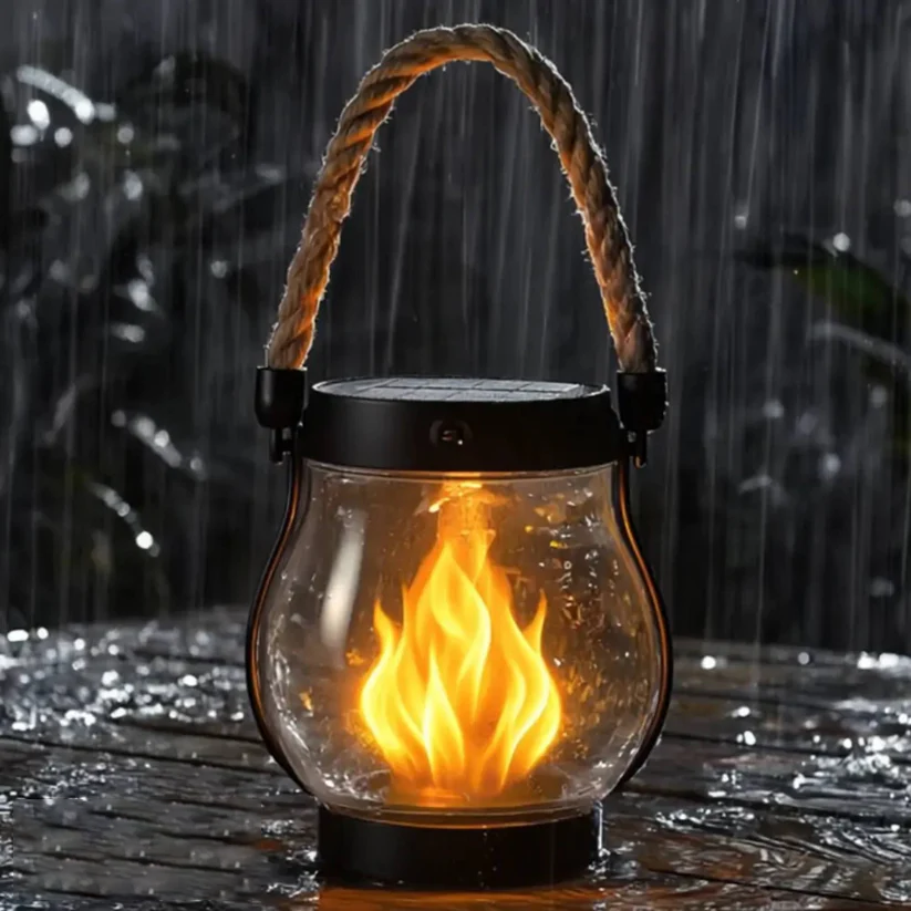 Solar Garden Lantern with Realistic Flame Effect and USB-C Backup Charging Option