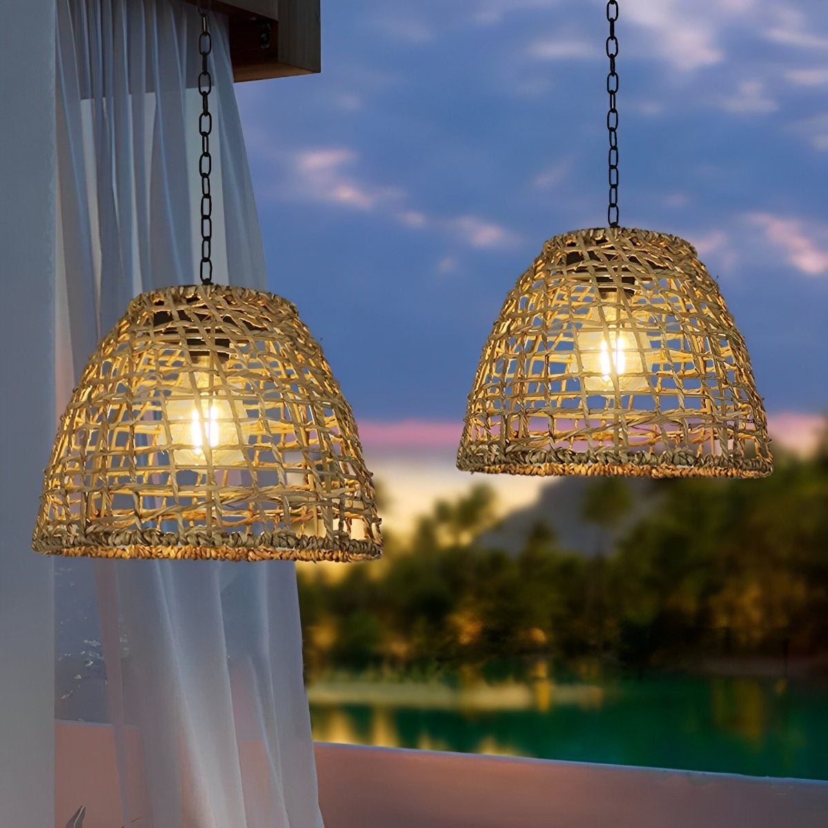 Solar Bell Lantern with Handwoven Boho Rattan Design for Hanging or Standing Use