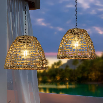 Solar Bell Lantern with Handwoven Boho Rattan Design for Hanging or Standing Use