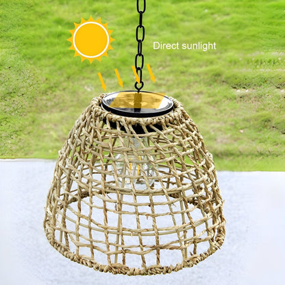Solar Bell Lantern with Handwoven Boho Rattan Design for Hanging or Standing Use