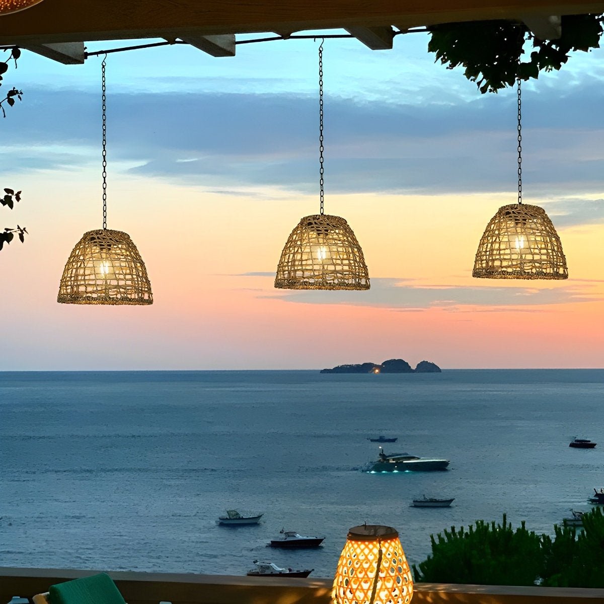 Solar Bell Lantern with Handwoven Boho Rattan Design for Hanging or Standing Use