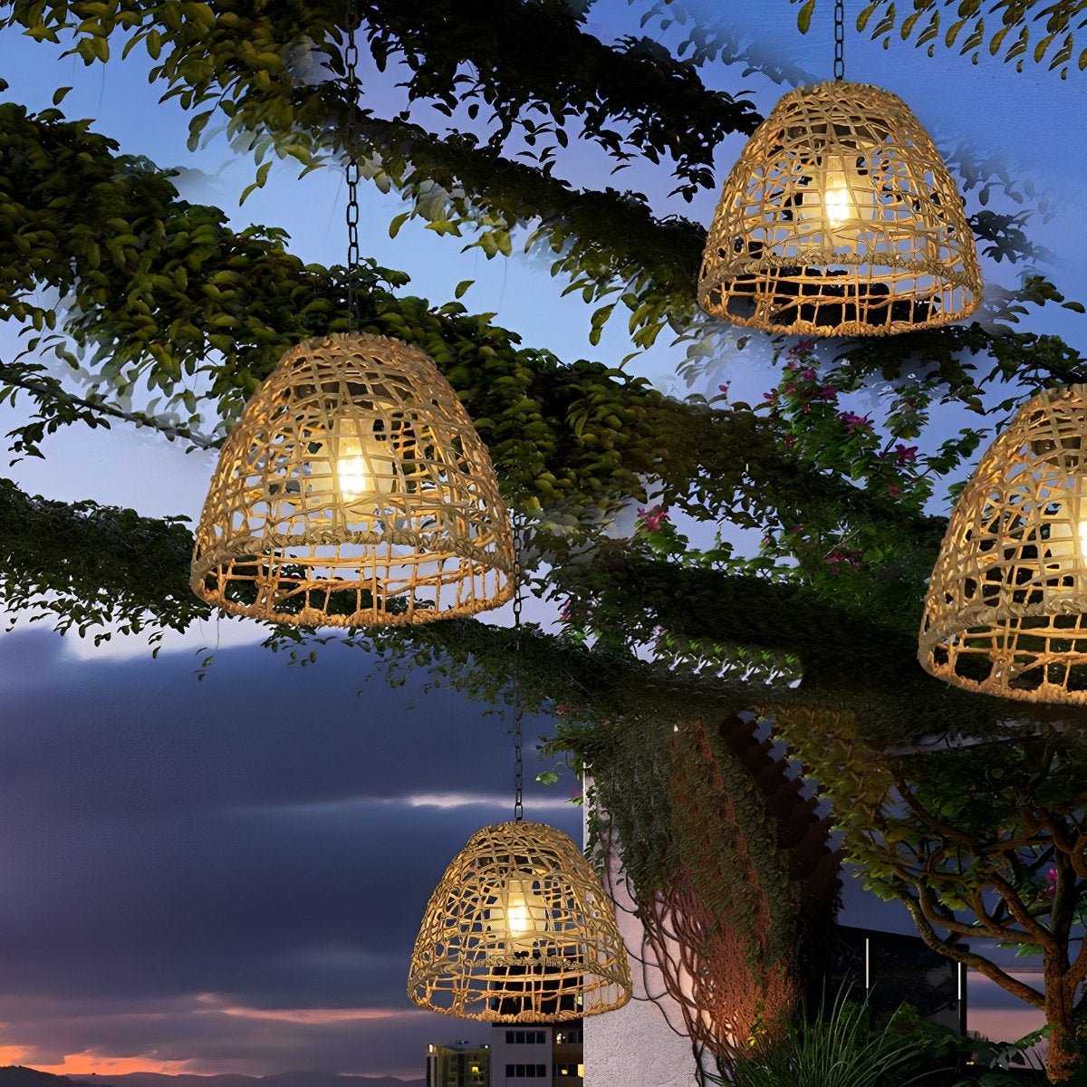 Solar Bell Lantern with Handwoven Boho Rattan Design for Hanging or Standing Use