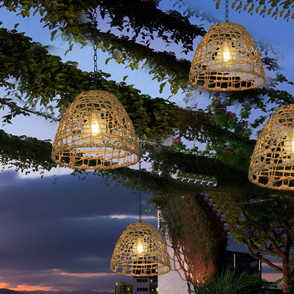 Solar Bell Lantern with Handwoven Boho Rattan Design for Hanging or Standing Use