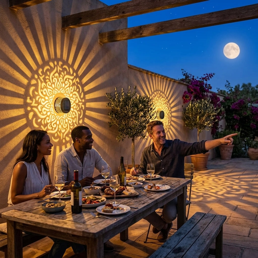 Solar Wall Light with Decorative Mandala Pattern and Automatic Dusk-to-Dawn Sensor