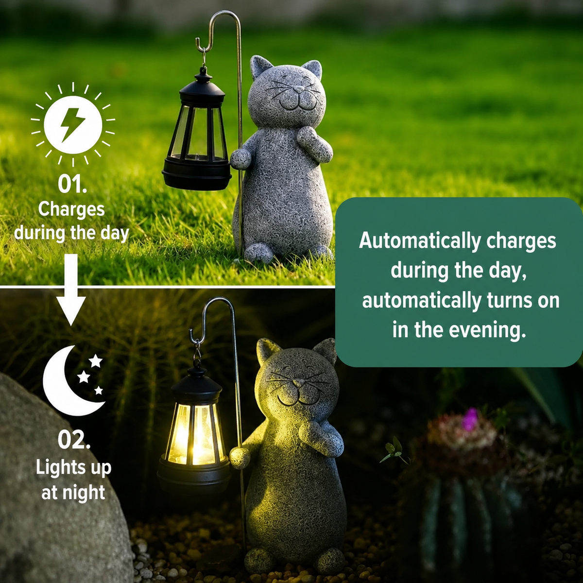 Solar-Powered Cat Garden Light with Hanging Lantern, Weatherproof Resin and Metal Design