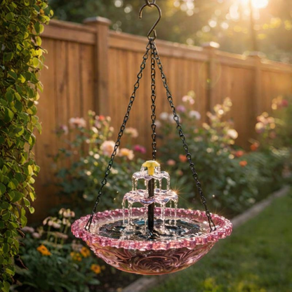 Solar-Powered Hanging Bird Bath Fountain with Two-Tier Glass Bowl and Metal Chain Hook